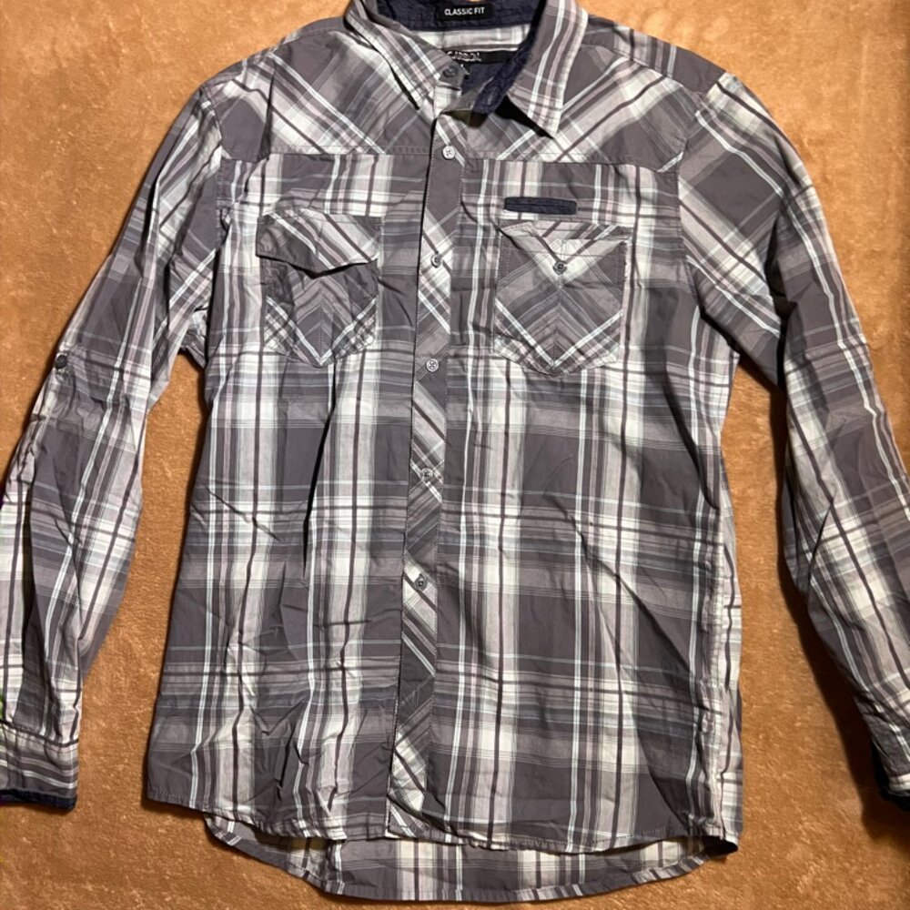 Carbon Men Large Black Gray Classic‎ Fit Plaid Button Down Y2K Urban Shirt (AA2)